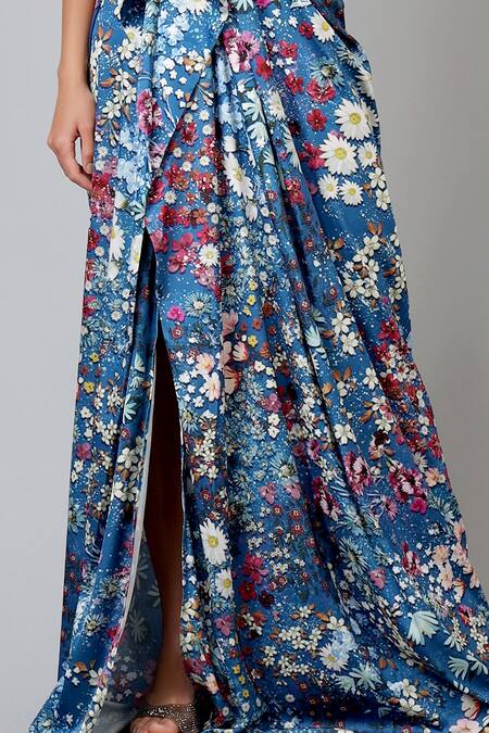 Shop Geisha Designs Blue Embroidery Boat Draped Floral Gown Online at Aza Fashions Shop_Geisha Designs_Blue Embroidery Boat Draped Floral Gown _Online_at_Aza_Fashions