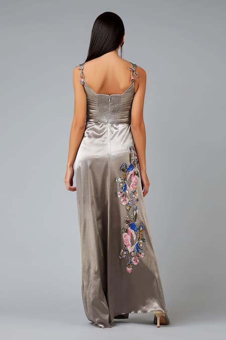 Shop Geisha Designs Grey Embroidery Sweetheart Neck Embellished Slit Gown at Aza Fashions Shop_Geisha Designs_Grey Embroidery Sweetheart Neck Embellished Slit Gown _at_Aza_Fashions
