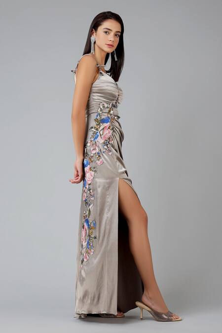 Geisha Designs Grey Embroidery Sweetheart Neck Embellished Slit Gown Online at Aza Fashions Geisha Designs_Grey Embroidery Sweetheart Neck Embellished Slit Gown _Online_at_Aza_Fashions