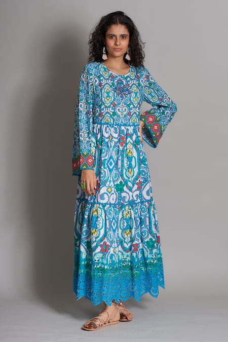 Payal Jain Blue Cotton Embroidery Round Ikat Print Dress  