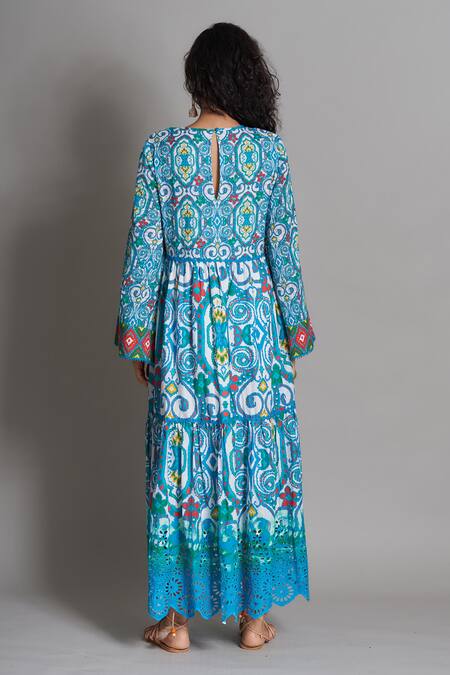 Shop_Payal Jain_Blue Cotton Embroidery Round Ikat Print Dress_at_Aza_Fashions