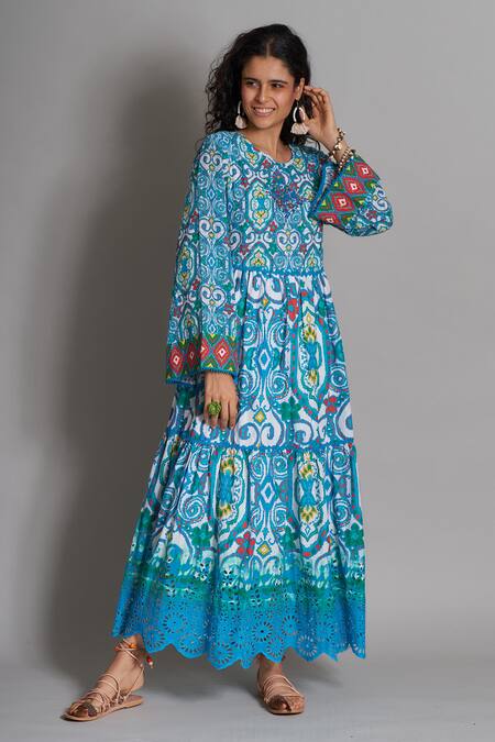 Payal Jain_Blue Cotton Embroidery Round Ikat Print Dress_Online_at_Aza_Fashions