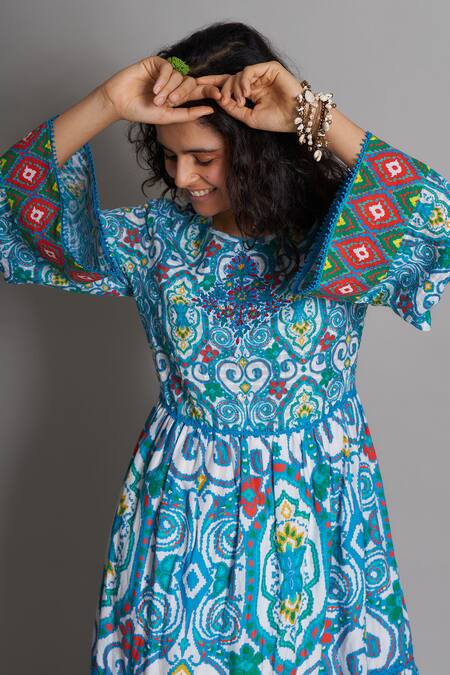 Buy_Payal Jain_Blue Cotton Embroidery Round Ikat Print Dress_Online_at_Aza_Fashions