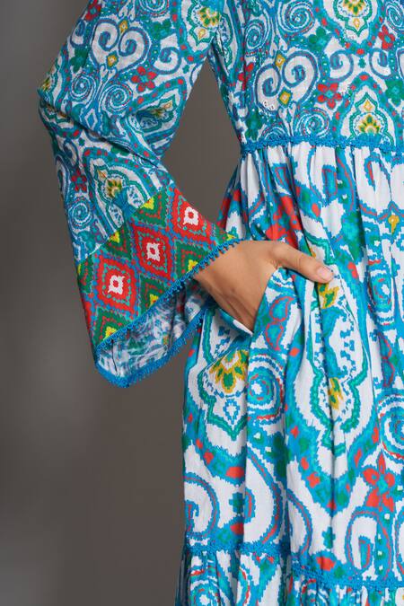Shop_Payal Jain_Blue Cotton Embroidery Round Ikat Print Dress_Online_at_Aza_Fashions