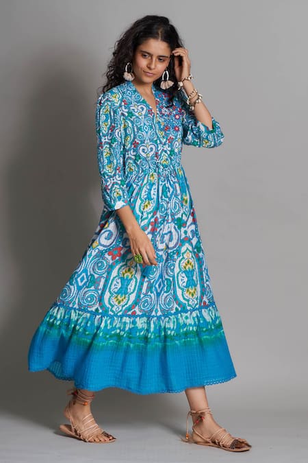 Payal Jain_Blue Cotton V Neck Ikat Print Dress _Online_at_Aza_Fashions