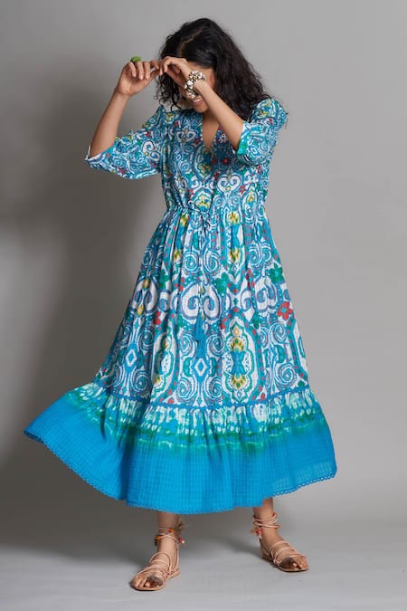 Shop Ikat Print Blue Tiered Dress by NORN at House of Designers – HOUSE OF  DESIGNERS