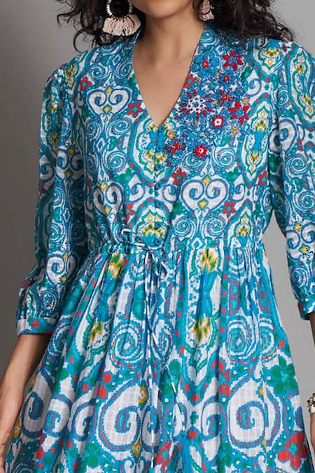 Payal Jain_Blue Cotton V Neck Ikat Print Dress _at_Aza_Fashions