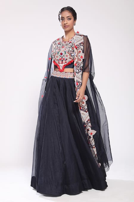 Stotram Blue Blouse Silk Cape And Lehenga Organza Embroidery Round & Set