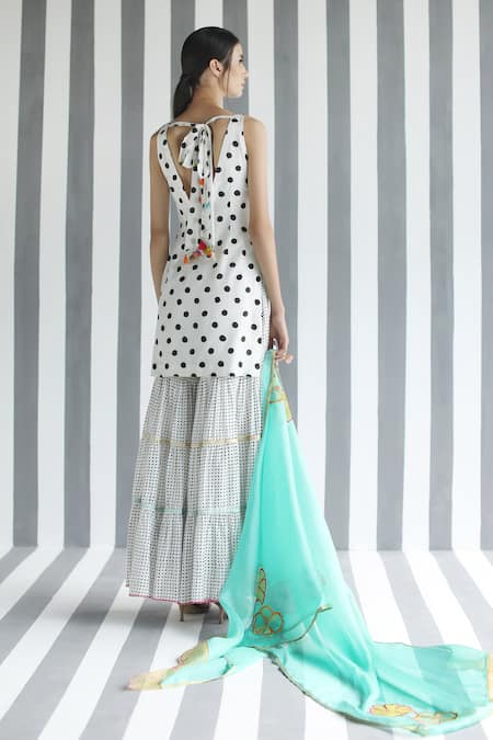 Shop Rajiramniq Blue Cotton Silk Embroidery V Neck Printed Kurta Sharara Set at Aza Fashions Shop_Rajiramniq_Blue Cotton Silk Embroidery V Neck Printed Kurta Sharara Set _at_Aza_Fashions