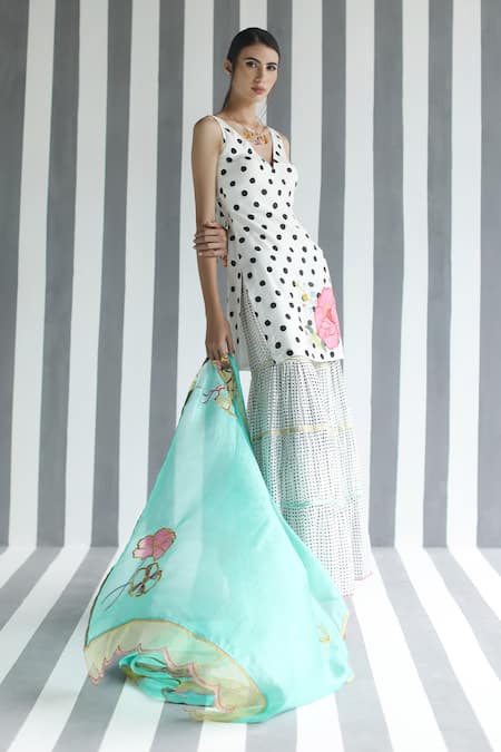 Rajiramniq Blue Cotton Silk Embroidery V Neck Printed Kurta Sharara Set Online at Aza Fashions Rajiramniq_Blue Cotton Silk Embroidery V Neck Printed Kurta Sharara Set _Online_at_Aza_Fashions