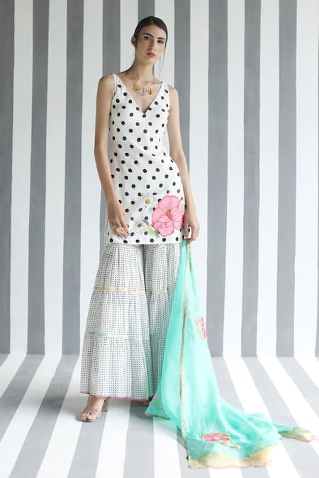 Buy Rajiramniq Blue Cotton Silk Embroidery V Neck Printed Kurta Sharara Set Online at Aza Fashions Buy_Rajiramniq_Blue Cotton Silk Embroidery V Neck Printed Kurta Sharara Set _Online_at_Aza_Fashions