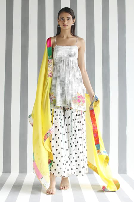 Rajiramniq White Cotton Silk Embroidery Square Neck Printed Kurta Set