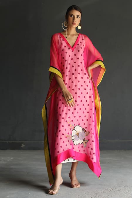 Rajiramniq Pink Cotton , Organza V Neck Kaftan 
