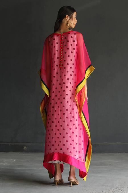Shop Rajiramniq Pink Cotton , Organza V Neck Kaftan at Aza Fashions Shop_Rajiramniq_Pink Cotton , Organza V Neck Kaftan _at_Aza_Fashions