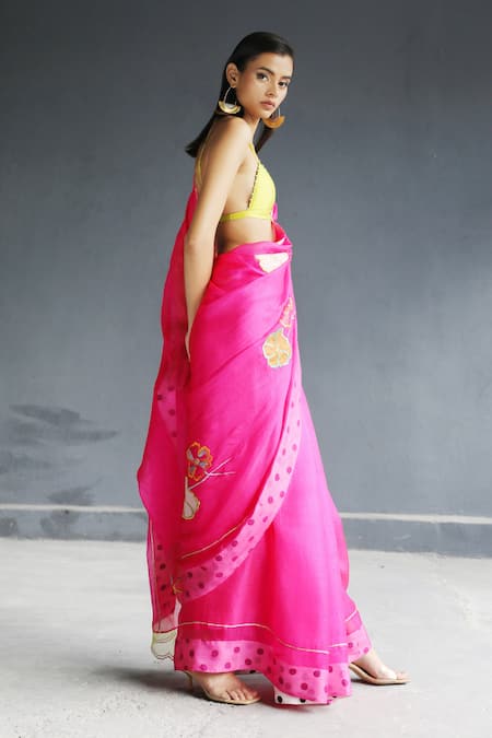 Rajiramniq_Pink Dupion, Kota Silk Sweetheart Saree Unstitched Piece _Online_at_Aza_Fashions