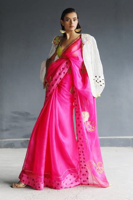 Buy_Rajiramniq_Pink Dupion, Kota Silk Sweetheart Saree Unstitched Piece _Online_at_Aza_Fashions