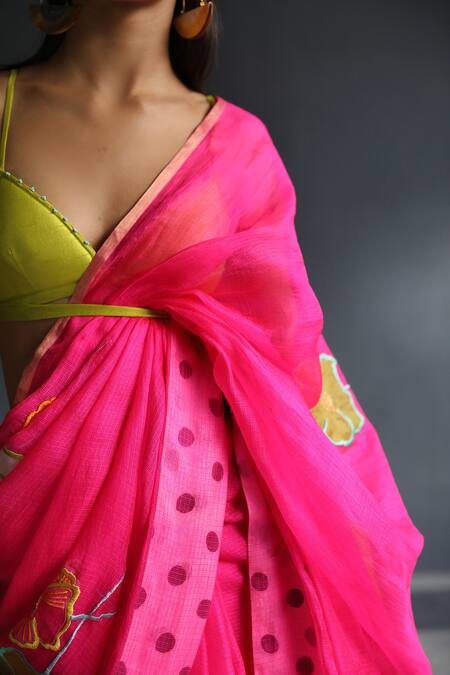 Shop_Rajiramniq_Pink Dupion, Kota Silk Sweetheart Saree Unstitched Piece _Online_at_Aza_Fashions
