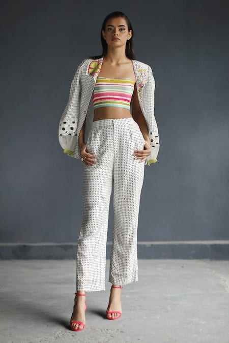 Rajiramniq White Cotton Silk Embroidery Bustier Bandeau Jacket Lapel Printed And Pant Set 