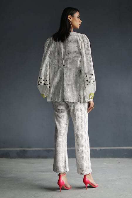 Shop Rajiramniq White Cotton Silk Embroidery Bustier Bandeau Jacket Lapel Printed And Pant Set at Aza Fashions Shop_Rajiramniq_White Cotton Silk Embroidery Bustier Bandeau Jacket Lapel Printed And Pant Set _at_Aza_Fashions