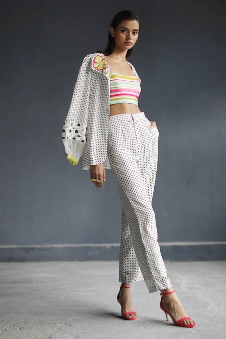 Rajiramniq White Cotton Silk Embroidery Bustier Bandeau Jacket Lapel Printed And Pant Set Online at Aza Fashions Rajiramniq_White Cotton Silk Embroidery Bustier Bandeau Jacket Lapel Printed And Pant Set _Online_at_Aza_Fashions