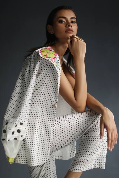 Buy Rajiramniq White Cotton Silk Embroidery Bustier Bandeau Jacket Lapel Printed And Pant Set Online at Aza Fashions Buy_Rajiramniq_White Cotton Silk Embroidery Bustier Bandeau Jacket Lapel Printed And Pant Set _Online_at_Aza_Fashions