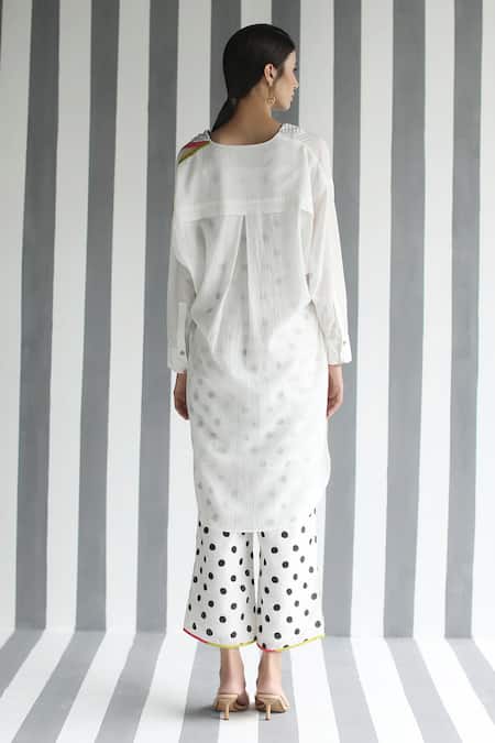 Shop Rajiramniq White Cotton Silk Embroidery V Neck Printed Kurta And Pant Set at Aza Fashions Shop_Rajiramniq_White Cotton Silk Embroidery V Neck Printed Kurta And Pant Set _at_Aza_Fashions