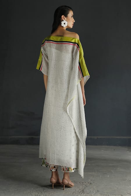 Shop Rajiramniq White Cotton Silk Embroidery Boat Printed One Shoulder Kurta Set at Aza Fashions Shop_Rajiramniq_White Cotton Silk Embroidery Boat Printed One Shoulder Kurta Set _at_Aza_Fashions