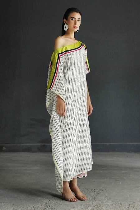 Rajiramniq White Cotton Silk Embroidery Boat Printed One Shoulder Kurta Set Online at Aza Fashions Rajiramniq_White Cotton Silk Embroidery Boat Printed One Shoulder Kurta Set _Online_at_Aza_Fashions