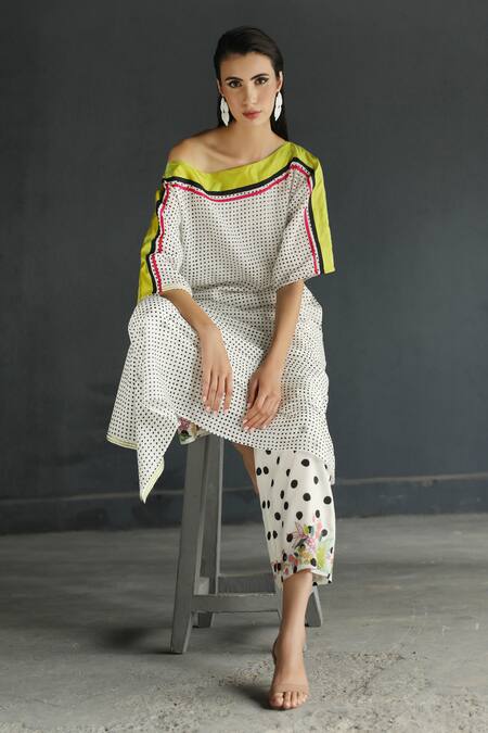 Buy Rajiramniq White Cotton Silk Embroidery Boat Printed One Shoulder Kurta Set Online at Aza Fashions Buy_Rajiramniq_White Cotton Silk Embroidery Boat Printed One Shoulder Kurta Set _Online_at_Aza_Fashions