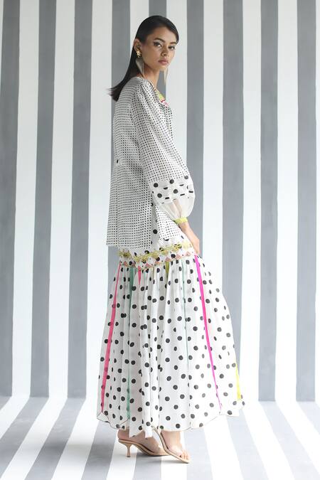 Rajiramniq White Cotton Silk Embroidery Bustier Sweetheart Jacket Printed And Sharara Set Online at Aza Fashions Rajiramniq_White Cotton Silk Embroidery Bustier Sweetheart Jacket Printed And Sharara Set _Online_at_Aza_Fashions