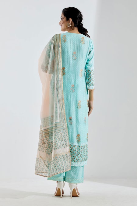 Shop Abbaran Blue Cotton Silk Dupatta Chanderi Notched Printed Straight Kurta Set at Aza Fashions Shop_Abbaran_Blue Cotton Silk Dupatta Chanderi Notched Printed Straight Kurta Set _at_Aza_Fashions