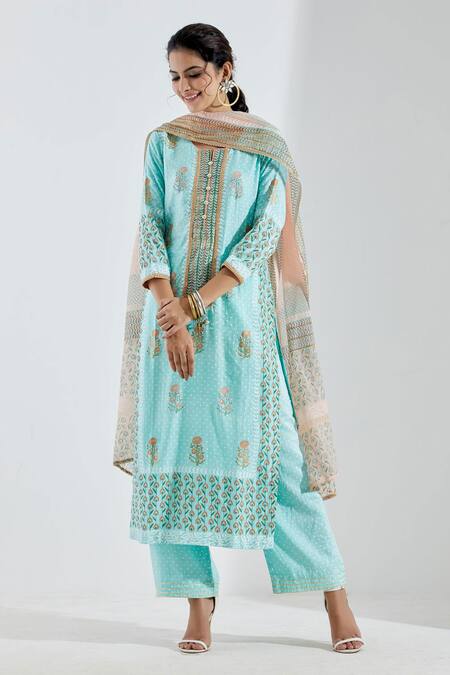 Buy Abbaran Blue Cotton Silk Dupatta Chanderi Notched Printed Straight Kurta Set Online at Aza Fashions Buy_Abbaran_Blue Cotton Silk Dupatta Chanderi Notched Printed Straight Kurta Set _Online_at_Aza_Fashions
