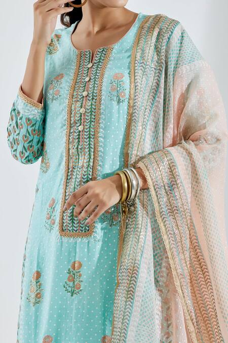 Shop Abbaran Blue Cotton Silk Dupatta Chanderi Notched Printed Straight Kurta Set Online at Aza Fashions Shop_Abbaran_Blue Cotton Silk Dupatta Chanderi Notched Printed Straight Kurta Set _Online_at_Aza_Fashions