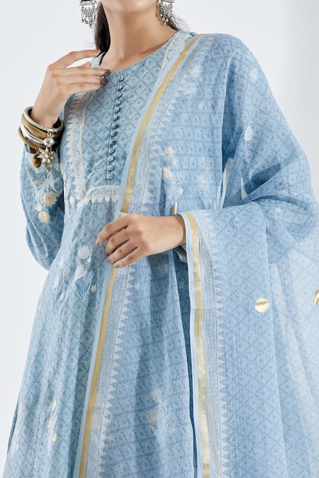 Shop_Abbaran_Blue Cotton Silk Round Printed Anarkali Set _Online_at_Aza_Fashions