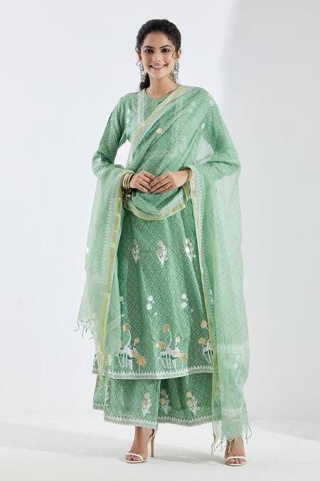 Abbaran_Green Cotton Silk Round Printed Anarkali Set _Online_at_Aza_Fashions