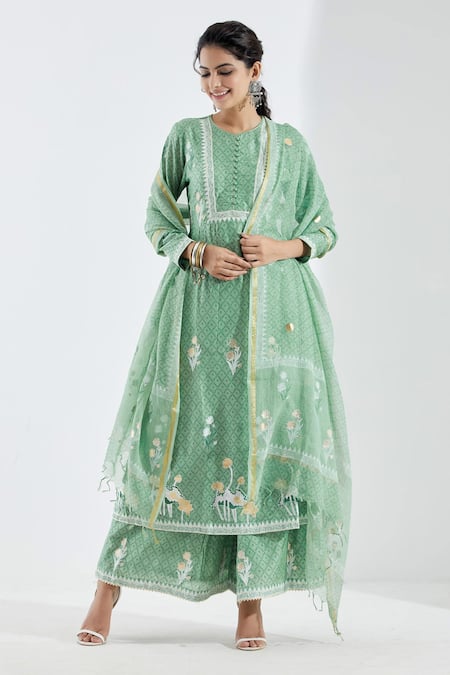 Buy_Abbaran_Green Cotton Silk Round Printed Anarkali Set _Online_at_Aza_Fashions