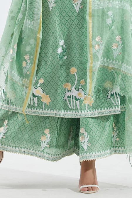 Shop_Abbaran_Green Cotton Silk Round Printed Anarkali Set _Online_at_Aza_Fashions
