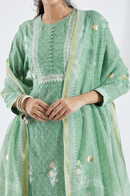 Abbaran_Green Cotton Silk Round Printed Anarkali Set _at_Aza_Fashions
