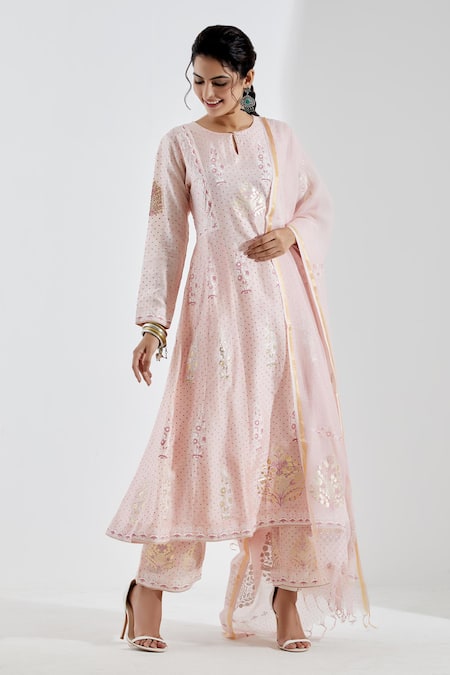 Abbaran_Pink Cotton Silk Round Printed Anarkali Set _Online_at_Aza_Fashions