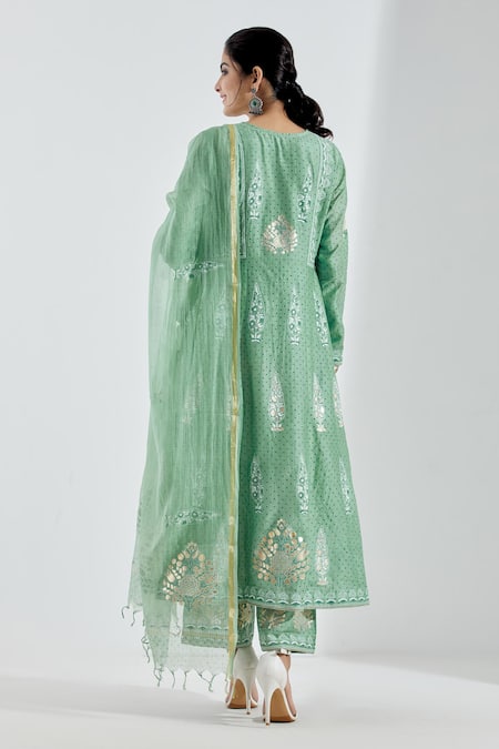 Shop_Abbaran_Green Cotton Silk Round Printed Anarkali Set _at_Aza_Fashions