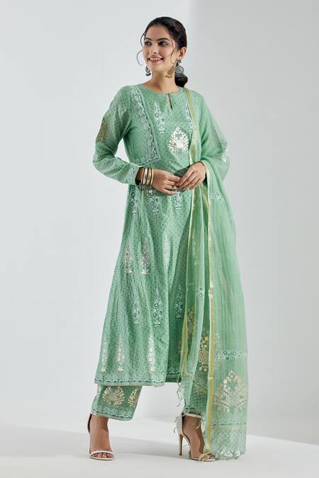 Abbaran_Green Cotton Silk Round Printed Anarkali Set _Online_at_Aza_Fashions
