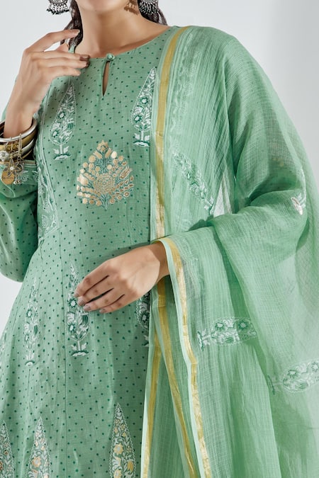 Shop_Abbaran_Green Cotton Silk Round Printed Anarkali Set _Online_at_Aza_Fashions