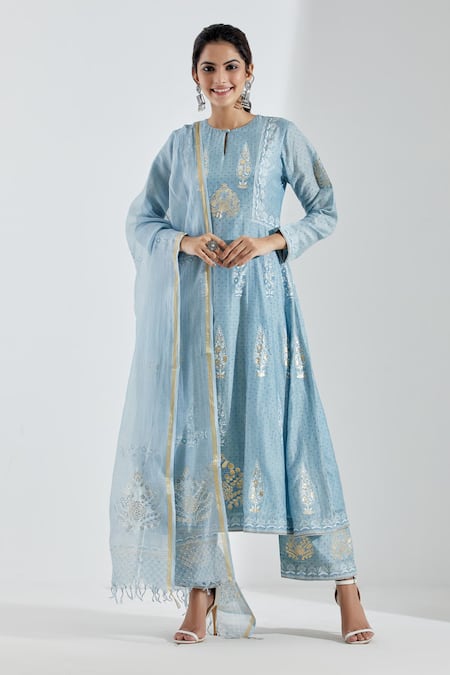Abbaran_Blue Cotton Silk Round Printed Anarkali Set_Online_at_Aza_Fashions