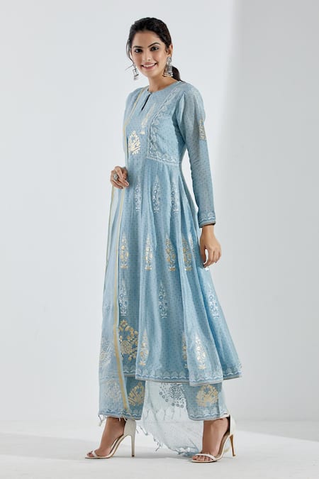 Buy_Abbaran_Blue Cotton Silk Round Printed Anarkali Set_Online_at_Aza_Fashions