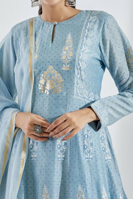 Shop_Abbaran_Blue Cotton Silk Round Printed Anarkali Set_Online_at_Aza_Fashions