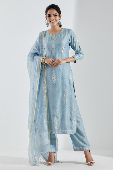 Abbaran Blue Cotton Silk Dupatta Chanderi Embroidery U Neck Printed Straight Kurta Set