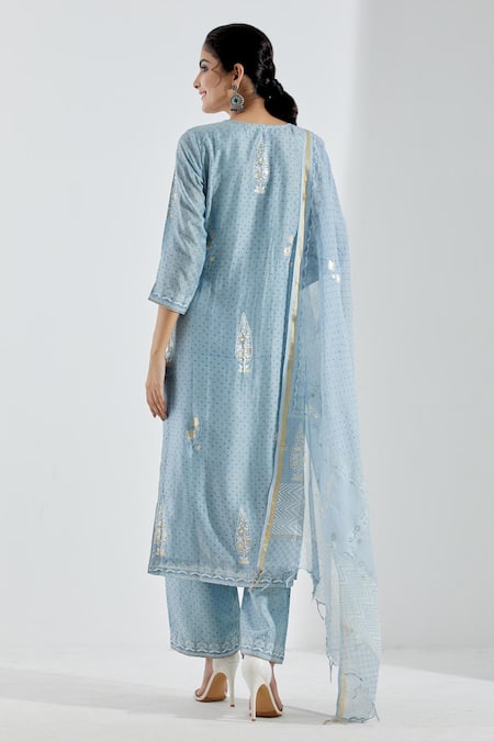 Shop Abbaran Blue Cotton Silk Dupatta Chanderi U Neck Printed Straight Kurta Set at Aza Fashions Shop_Abbaran_Blue Cotton Silk Dupatta Chanderi U Neck Printed Straight Kurta Set _at_Aza_Fashions