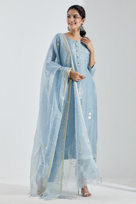Abbaran Blue Cotton Silk Dupatta Chanderi U Neck Printed Straight Kurta Set Online at Aza Fashions Abbaran_Blue Cotton Silk Dupatta Chanderi U Neck Printed Straight Kurta Set _Online_at_Aza_Fashions