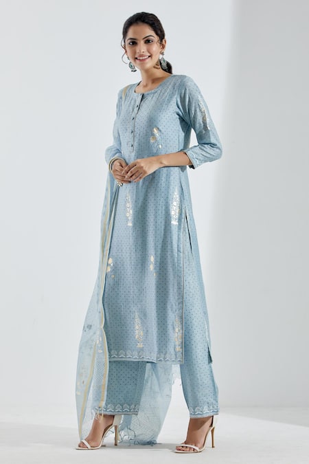 Buy Abbaran Blue Cotton Silk Dupatta Chanderi U Neck Printed Straight Kurta Set Online at Aza Fashions Buy_Abbaran_Blue Cotton Silk Dupatta Chanderi U Neck Printed Straight Kurta Set _Online_at_Aza_Fashions