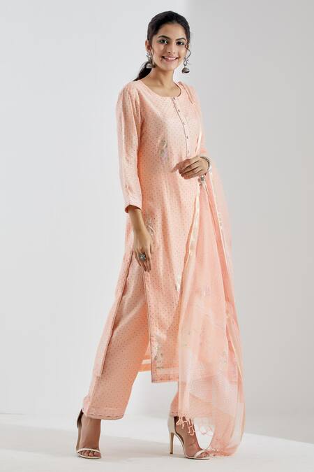 Abbaran_Peach Cotton Silk Dupatta Chanderi U Neck Printed Straight Kurta Set _Online_at_Aza_Fashions